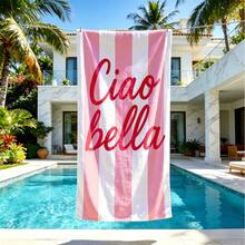 1件義大利「Ciao Bella」標語粉色與白色條紋沙灘巾、浴巾、沙灘毯，沉浸式海灘體驗，適合禮品、旅行與派對裝飾 - 彩色 - 查看 8