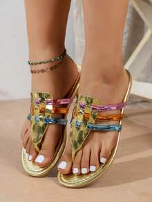 Gold Base Colorful Square Rhinestone Women's Thong Sandals, Multi-Color Braided Strap Design, Flat Comfortable Fit, Summer Vacation Travel, Daily Beach Wear Flip Flops - Gold - View 4