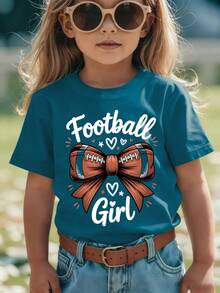 Girls' Short-Sleeved T-Shirt, Summer Style, With "Football Girl" Inscription, Rugby , Bow Print, Versatile Casual Top NY-DX9381 - Green - View 9
