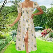 European And American Women's Fashion 2023, New Style, Fresh Floral Print Strappy Dress, Slim Fit And Side Slit For Women, Summer And Autumn - 玫紅色 - 查看 1
