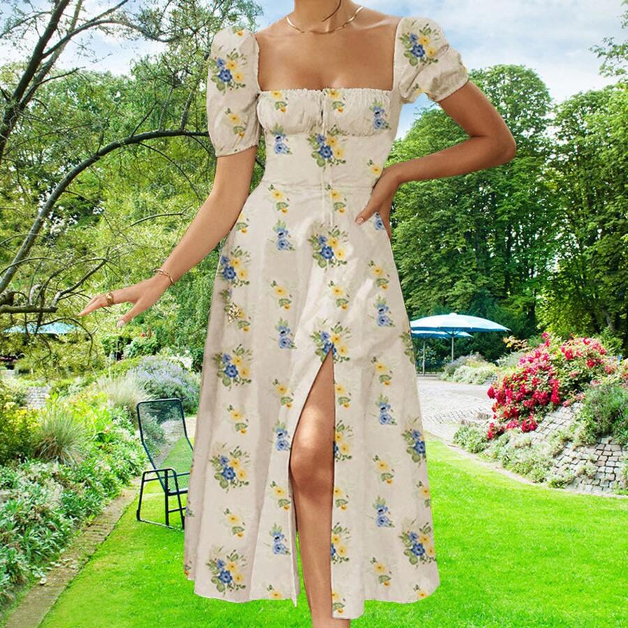 European And American Women's Fashion 2023, New Style, Fresh Floral Print Strappy Dress, Slim Fit And Side Slit For Women, Summer And Autumn - 玫紅色 - 查看 1