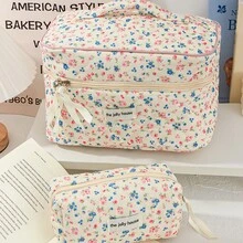3pcs Set, Large/Medium/Small Multi-Size Large Capacity Layered Storage, Fresh Pastoral Ins Style Soft Lightweight Non-Pressing Luggage, Diamond Quilted Thickened Padded Skin-Friendly Breathable Water-Resistant Fabric, Portable Cosmetic Storage Bag, Korean Healing Floral Girly Style, Cream White Base Full Print Pink Blue Mini Wild Flower Plant Print, 3D Square Full Body Design Resistant To Collapse And Deformation - Multicolor - View 6