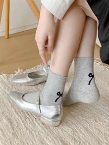 1/3/6 Pairs Women's Cute Bowknot Print Mid-Calf Socks, Pure Black White Gray Ribbed Crew Socks, Simple Fashion Pattern Daily Casual Ankle Socks - Multicolor - View 8