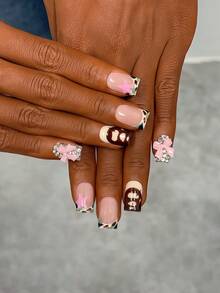 10 piezas/Set Uñas Postizas Hechas a Mano Y2K, Manicura Francesa Rosa, Arte de Uñas Pintado a Mano Lindo, Uñas con Strass, Adecuadas para Fiesta y Uso Diario. Uñas Cuadradas Cortas. Uñas Postizas Hechas a Mano Cuadradas, Uñas Falsas, Uñas Acrílicas, Uñas Cortas, Uñas de Verano - Multicolor - Ver 3