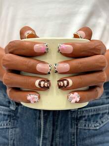 10 piezas/Set Uñas Postizas Hechas a Mano Y2K, Manicura Francesa Rosa, Arte de Uñas Pintado a Mano Lindo, Uñas con Strass, Adecuadas para Fiesta y Uso Diario. Uñas Cuadradas Cortas. Uñas Postizas Hechas a Mano Cuadradas, Uñas Falsas, Uñas Acrílicas, Uñas Cortas, Uñas de Verano - Multicolor - Ver 2