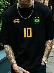 Camiseta gráfica para hombre, jersey de fútbol retro de Brasil - Legendario número 10, camiseta de fútbol casual, tela de punto transpirable, diseño de cuello redondo de ajuste regular