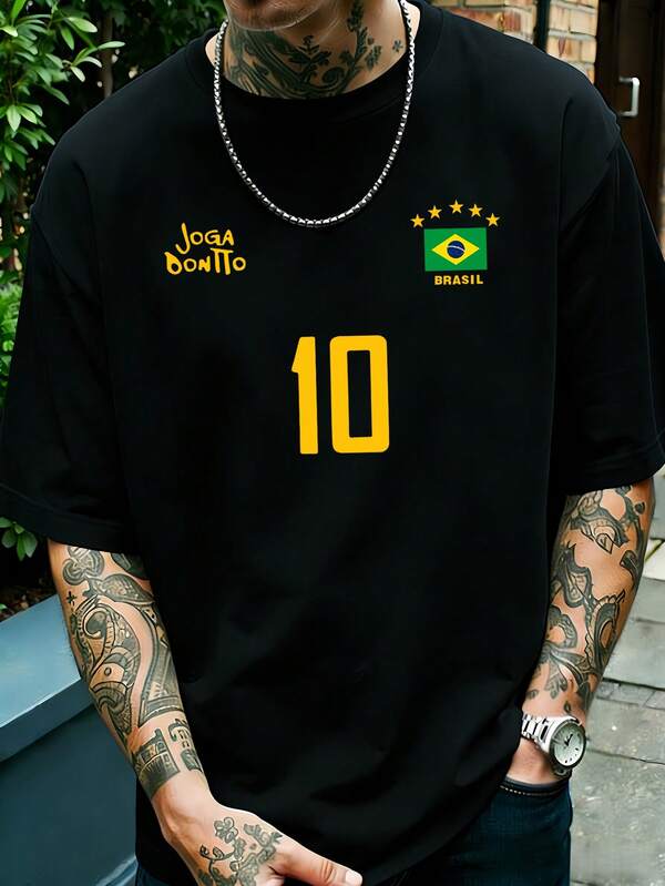 Camiseta gráfica para hombre, jersey de fútbol retro de Brasil - Legendario número 10, camiseta de fútbol casual, tela de punto transpirable, diseño de cuello redondo de ajuste regular