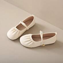 Shallow Silver Mary Jane Shoes For Women's Spring And Autumn New Korean Version Fairy Style Fashionable Pleated Flat Bean Shoes - Off White - View 5