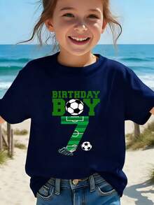 Boy's Number 7 Birthday Party T-Shirt, Featuring A "Birthday Boy" Print In Green Lettering, A Casual Short-Sleeved Sporty Style With Stadium Numbers And A Soccer Ball Design. - 灰色 - 查看 3