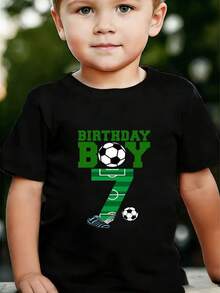 Boy's Number 7 Birthday Party T-Shirt, Featuring A "Birthday Boy" Print In Green Lettering, A Casual Short-Sleeved Sporty Style With Stadium Numbers And A Soccer Ball Design. - 黑色 - 查看 2