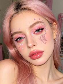 Pink Butterfly Flower 3D Glitter Rhinestone Face Jewels, Y2K Self-Adhesive Rhinestones, DIY Concert Disco Party Shiny Face Decoration - 粉色 - 查看 5