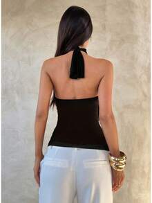 Women's Purple Chiffon Halter Top, With Metal Clasp And Multiple Ruffles, Sheer Backless Blouse For Parties And Date Nights - Black - View 2