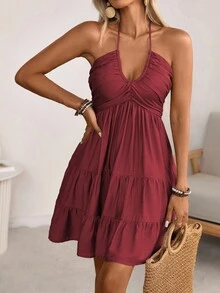 Women's Halter V-Neck Mini Dress, Ruched And Layered, Sleeveless, Ideal For Beach Vacations, Casual Daily Wear And Outdoor Picnic Outfits. - 深紅色 - 查看 3