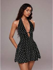 Women's Short Dress With Deep V-Neck And Open Back, Polka Dot Print, Vacation Style, For Summer - Black - View 3