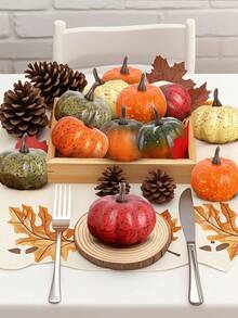 8pcs Artificial Mini Pumpkin Set With Autumn Leaves, Fall Harvest Home Decor Pumpkin Set, Suitable For Home, Wedding, Autumn Tabletop Arrangement, Halloween, Thanksgiving - A - View 7