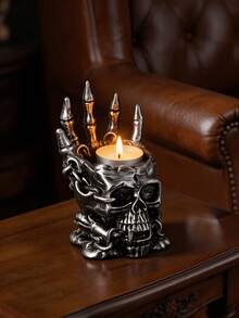 1pc Gothic Skeleton Candle Holder, Bone Hand Flame Illusion, Chain And Horn Details, Spooky Home Decor, Halloween Party Tabletop Centerpiece, Punk Rock Style Ornament - A - View 6