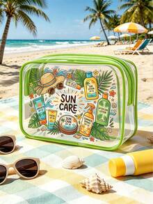New Sun Protection Themed Printed PVC Waterproof Toiletry Bag, PVC Beach Bag, Fresh Hand-Drawn Sun And Sun Protection Design, Summer Sun Care Storage Gift, Zippered PVC Travel Organizer Bag, Lightweight Fade-Resistant Makeup Toiletry Bag Suitable For Women And Men, Easy To Clean Design, Suitable For Mothers, Teachers, Friends, Nurses Makeup Bag, School Vacation Holiday Back To School Supplies Toiletry Bag - Multicolor - View 4