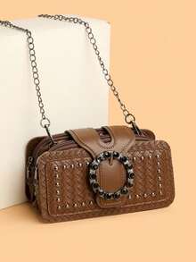Retro Minimalist Printed Crossbody Bag With Adjustable PU Strap, Flap Closure, New Year - Green - View 1