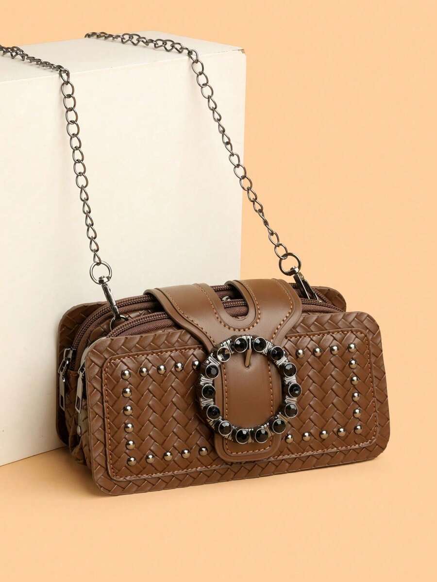 Retro Minimalist Printed Crossbody Bag With Adjustable PU Strap, Flap Closure, New Year - Green - View 1