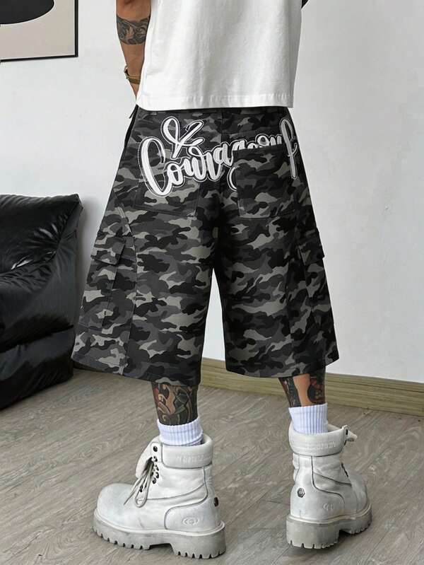 1pc Justice Brother Casual American Street Style Embroidered Back Pocket Men's Denim Cargo Shorts, Camouflage Patchwork Design, Loose Fit Bermuda Shorts (Excluding Belt/Accessories)
