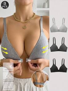 3 piezas Sujetadores de mujer de algodón puro de unicolor, con cuello en V, cómodos, coloridos, casuales, inalámbricos, con copa suave y tirantes ajustables - Multicolor 2 - Ver 1