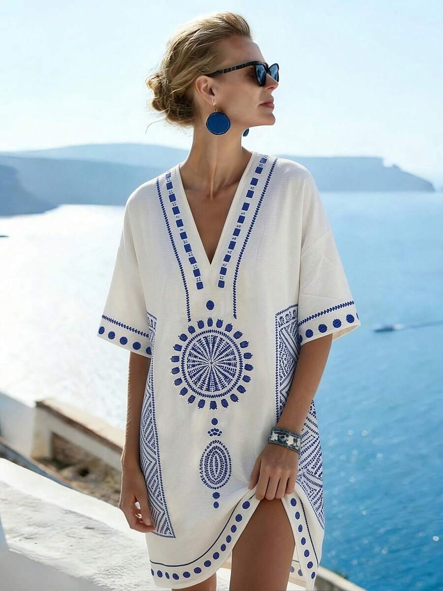 2026 New Summer Women Greek Style Loose Batwing Sleeve Blue & White Vacation Beach Dress Elegant - Blue - View 1