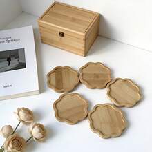 6 Coasters + 1 Holder, Bamboo Coaster Set, Minimalist Creative Design, Suitable For Coffee And Tea Cups, Rounded Edges, Natural Wood Color, Can Be Used As Kitchen And Dining Table Decor, Exquisite Desktop Decoration. - Multicolor - View 6