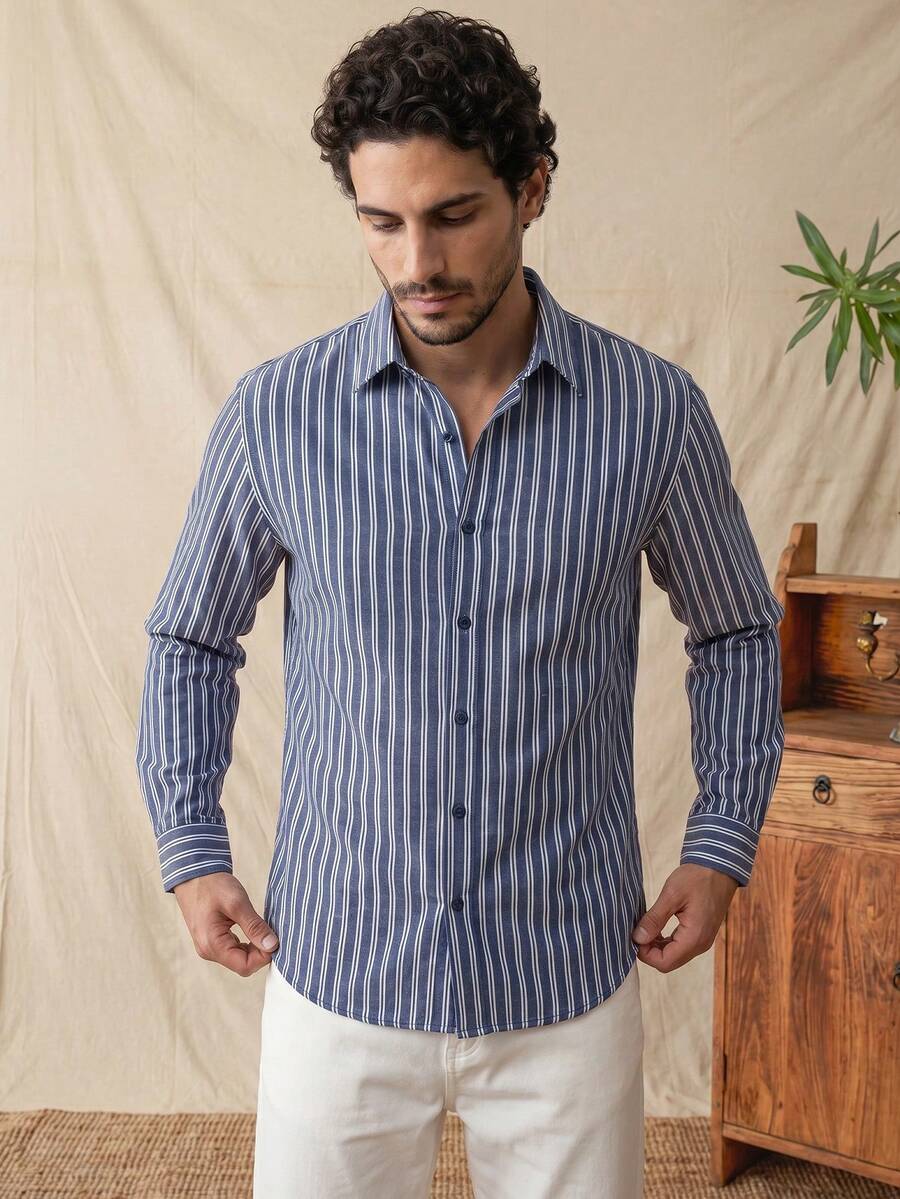 glestore Men's Vintage Style Casual Linen Textured Striped Long Sleeve Shirt, Versatile All-Season Essential - Navy Blue - View 1