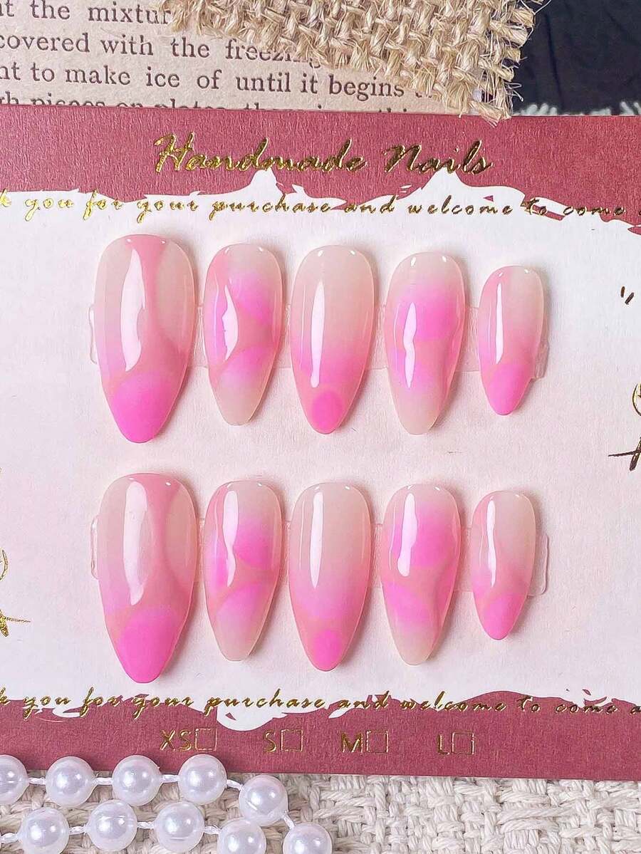 10 Stücke handgefertigte Mandelform Nagelaufkleber mit fluoreszierendem Pulver und Farbverlauf, mit hautfarbenen Streifen. Einfaches, sanftes rosa Design, geeignet für Frauen und Mädchen für Dates, alltägliche Ausflüge und zum Tragen. Nägel - Verschiedenfarbig - Übersicht 1