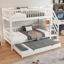 Bunk Bed With Rollaway Bed, Children's Bed With Ladder Cabinet And Handrail, With Safety Rails On All Sides - White - View 6