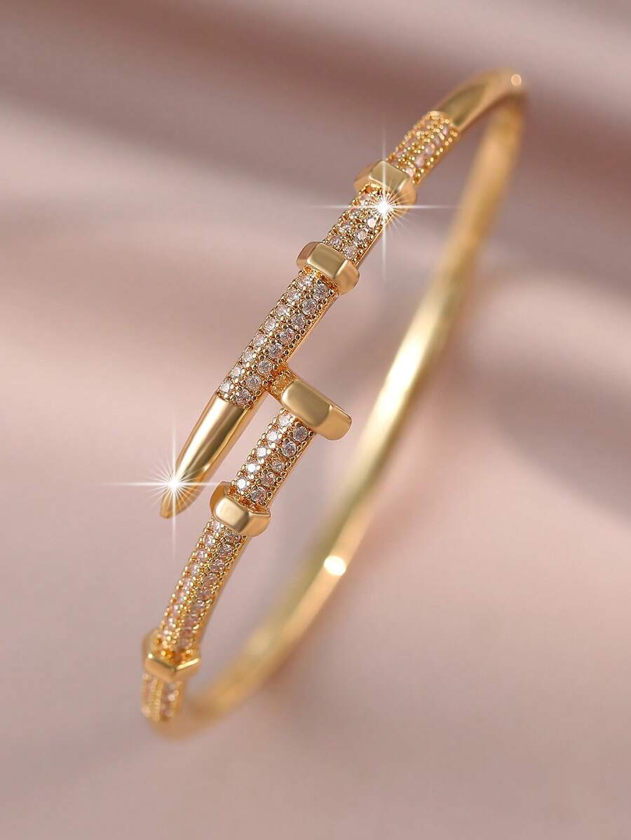 1pc Unique Gold Plated Nail-Design Bangle With Sparkling Cubic Zirconia, Fashion Jewelry For Women's Wedding, Gift, Party & Daily Outfits - Gold - View 1