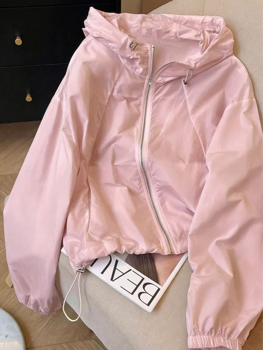 女款夏季新款白色寬鬆長袖拉鍊連帽輕量透氣防曬外套