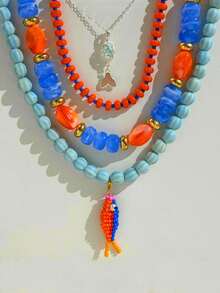 4-1pc Beach Vacation Style Elegant Casual Shiny Versatile Unique Personalized Exquisite Small Fish Rice Bead Resin Ceramic Beaded Necklace Set For Women Daily Wear Holiday Party Jewelry - Multicolor - View 3