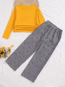 Setelan Kasual 2 Potong untuk Anak Perempuan, Atasan Lengan Panjang Leher Bulat Motif Hati Hitam dan Celana Panjang Lurus Motif Hati Garis-garis dengan Tali Serut, Musim Semi/Gugur - Kuning - View 2