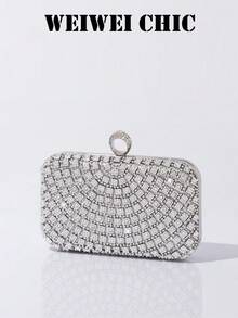 Bolso de noche elegante con pedrería, diseño de hebilla en forma de anillo, correa de cadena plateada desmontable, bolso de fiesta formal brillante, esencial para bodas y bailes de primavera/verano, perfecto para banquetes, fiestas de boda, cenas de cumpleaños y eventos nocturnos - Plateado - Ver 4
