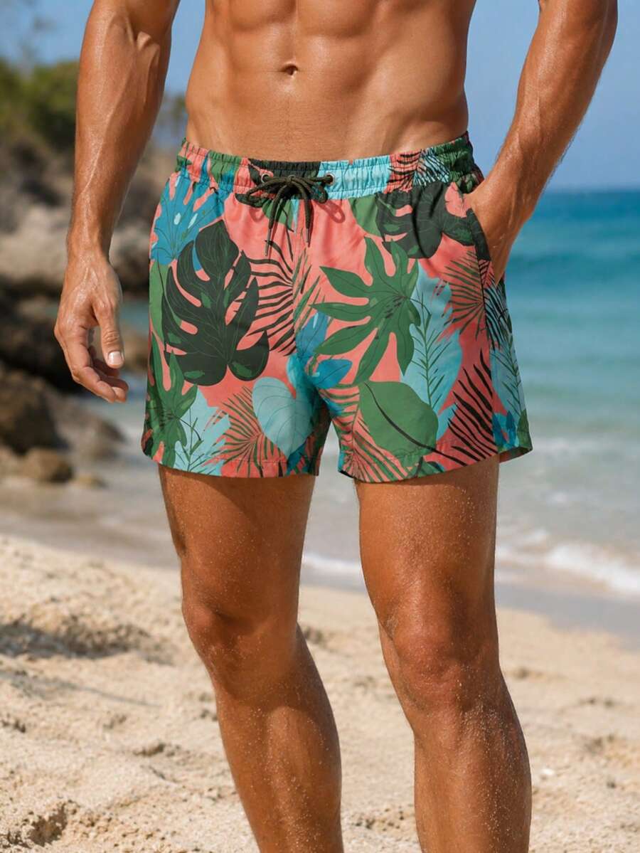Men's Leaf Patterned Pocketed Mesh Colorful Swim Shorts - Multicolor - View 1