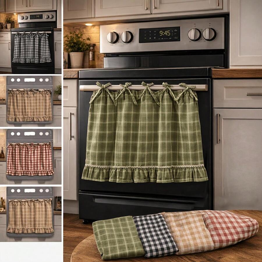 Handmade Oven Skirt, Farmhouse Style Kitchen Decor, With Satin Ribbons, Hanging Ornaments And Ruffle Trims, Rustic Oven Door Curtain Decor, Suitable For Cottage And Daily Kitchen, Room, Home Decoration - 綠色 - View 1