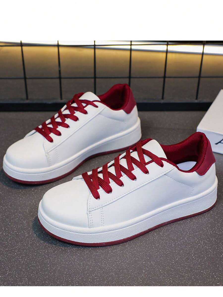 Children's Colorblock Collar Skateboard Shoes, Lace-Up Thick Sole Flat Shoes, Matching Color Shoelaces, Multiple Colors Available - Red - View 1