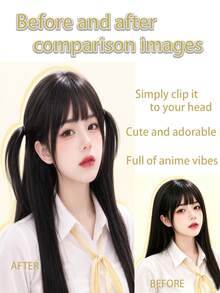 趣味可愛動漫 Cosplay 假髮,附小髮髻、髮夾,適合女孩,側瀏海與頂部設計 - 彩色 - 查看 6