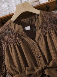 Left Mama Girls Elegant Vintage Floral Mesh Long Sleeve Dress, Spring/Autumn Pastoral Style - Brown - View 4