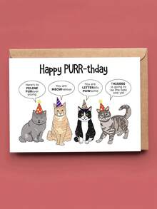 1pc "Happy PURR-Thday" Funny Cat Birthday Card With Envelope – Punny Party Cats Cartoon Design – Humorous Greeting For Cat Lovers – Blank Inside - A - View 1
