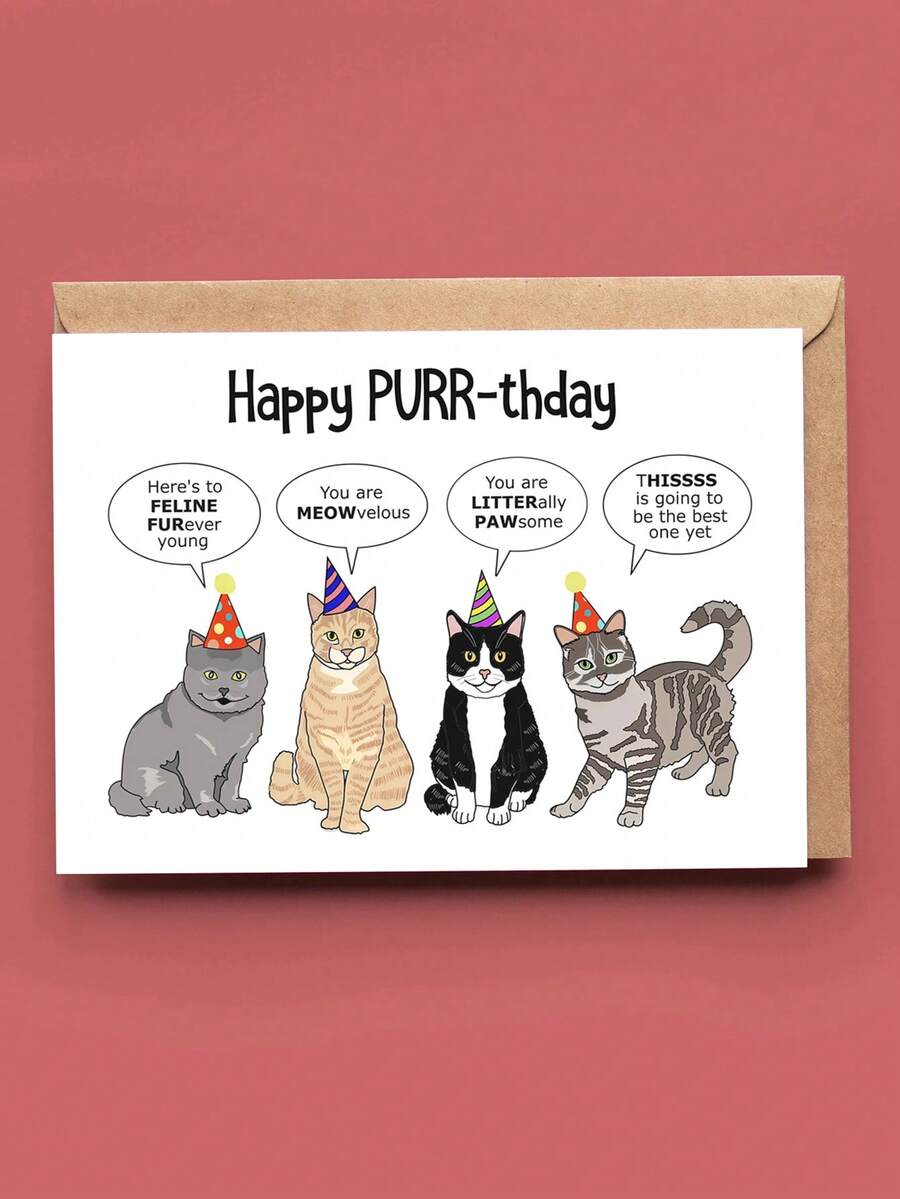 1pc "Happy PURR-Thday" Funny Cat Birthday Card With Envelope – Punny Party Cats Cartoon Design – Humorous Greeting For Cat Lovers – Blank Inside - A - View 1