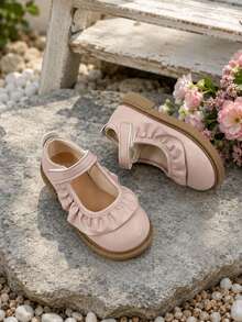 Kids Girls Mary Jane Shoes Strap Ruffle Detail Easy Wear Flats - Pink - View 2