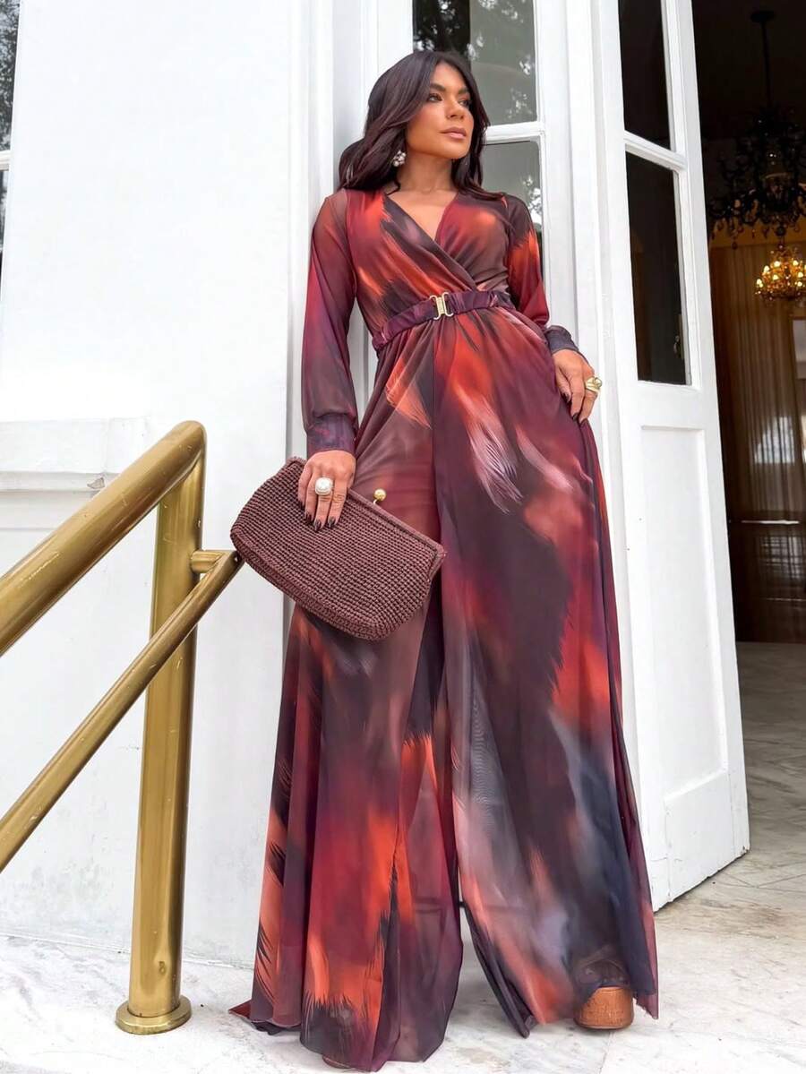 Women's Long Sleeve Jumpsuit, Semi-Transparent, Lined, Lightweight, V-Neck, Comfortable, Fresh, Casual, Elegant, Sizes M And L, Printed And Solid - 紅色 - 查看 1