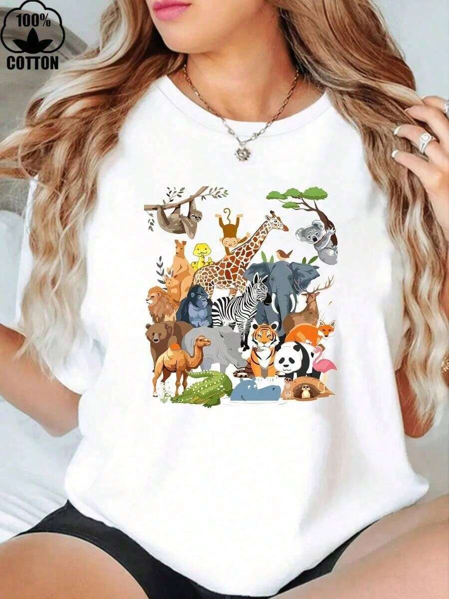 Women's Clothing New Retro T-Shirt For Women 2026 1 Piece AINO 1 Piece 100% Cotton T-Shirt For Women And Children With 22 Cute Animal Print For Zoo Day Party And Wildlife - 白色 - 查看 1