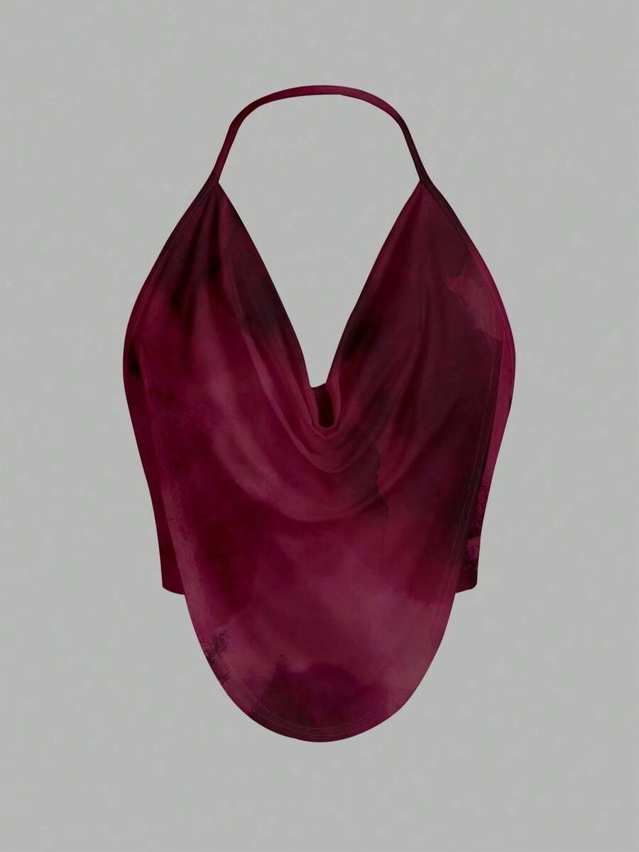 Backless Halter Neck Top With Draped Borders And Solid Design - 波爾多2 - 查看 1