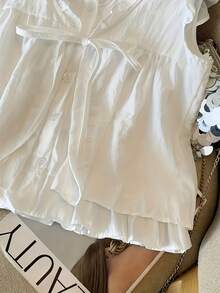 Elegante conjunto de dos piezas de imitación de camisa, vestido babydoll plisado, juvenil y holgado para mujer. - Blanco - Ver 3