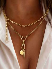2PCS Gold Lobster Clasp Buckle With Round Pendant Necklace Set ,Luxury White Diamond Pendant Chain Set,Stainless Steel,For Ladies' Daily Work Decor - Multicolor - View 5