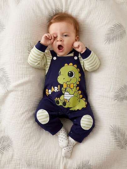 New Spring/Autumn Faux Overall Romper For Baby Boys, Dinosaur Striped Infant Outfit, Newborn Clothing