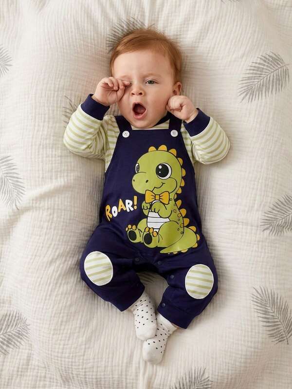Nuevo mono de tirantes falso para bebé niño, primavera/otoño, conjunto de bebé con rayas de dinosaurio, ropa para recién nacido